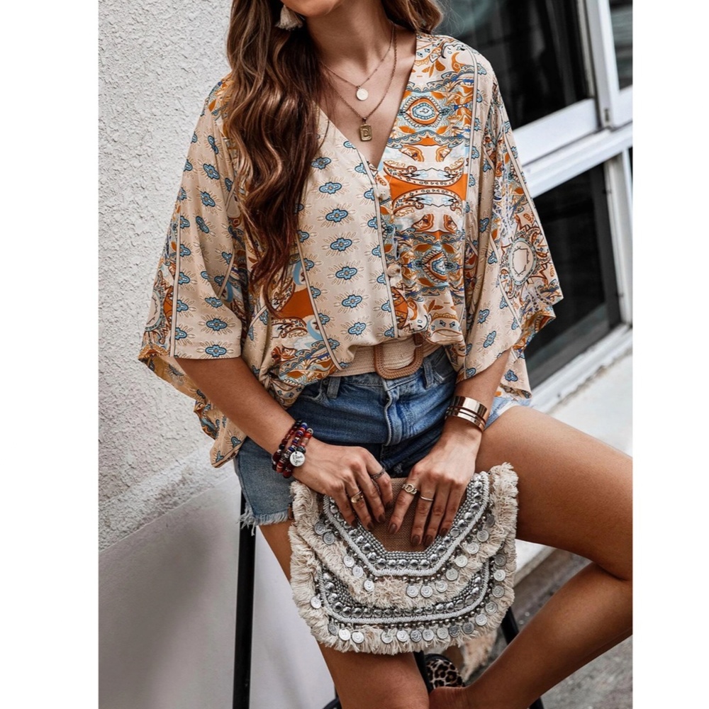 Printed Beige Multicolor Batwing Sleeve V-Neck Blouse Top - Picture 4 of 11